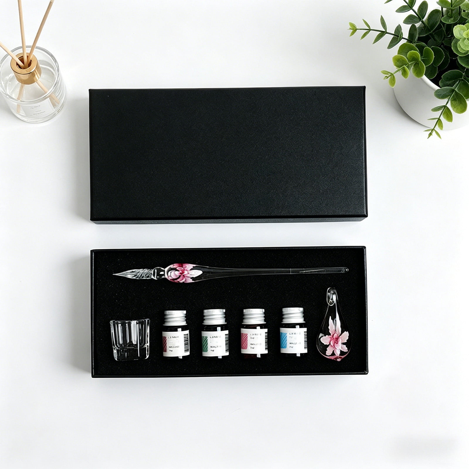 Xheghe Crystal Glass Pen Set with Ink Bottles, Brush Washing Cup & Pen Rack - Ideal Gift for Writers and Professionals