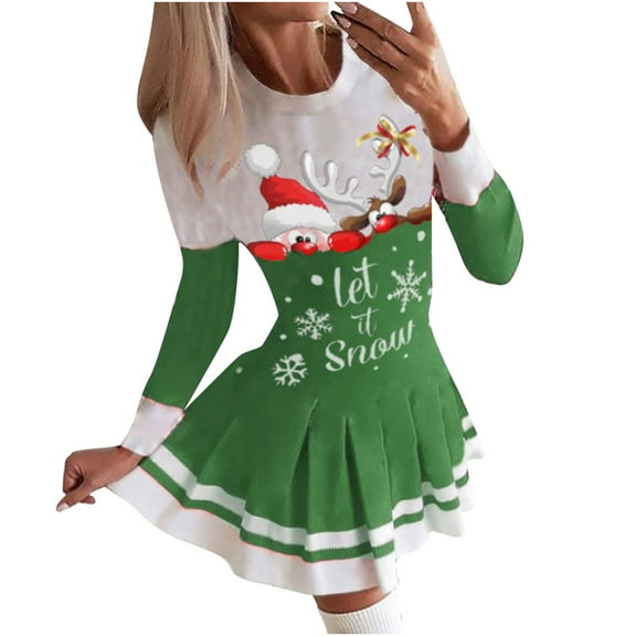 Lilgiuy Women Casual Dress Christmas Printed O-Neck Pleated Skirt Long Sleeve Dress