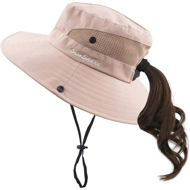 Sombrero de sol con cola de caballo para mujer, protección UV, plegable, de malla, ala ancha, para pesca en la playa$Sombreros de sol con ala ancha con protección UV para mujer, gorra con