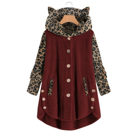 

HSMQHJWE Coats For Women Senior Jacket Women Casual Leopard Print Patchwork Button Down Pocket Long Sleeve Hooded With Ear Coat Loose Cute Teen Girls Jacket Scrub Jackets Women