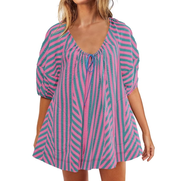 Trajes de Mujer Casual Moda Impresión Cuello Redondo Cordón Vendaje Manga Corta Bolsillos Traje de Juego