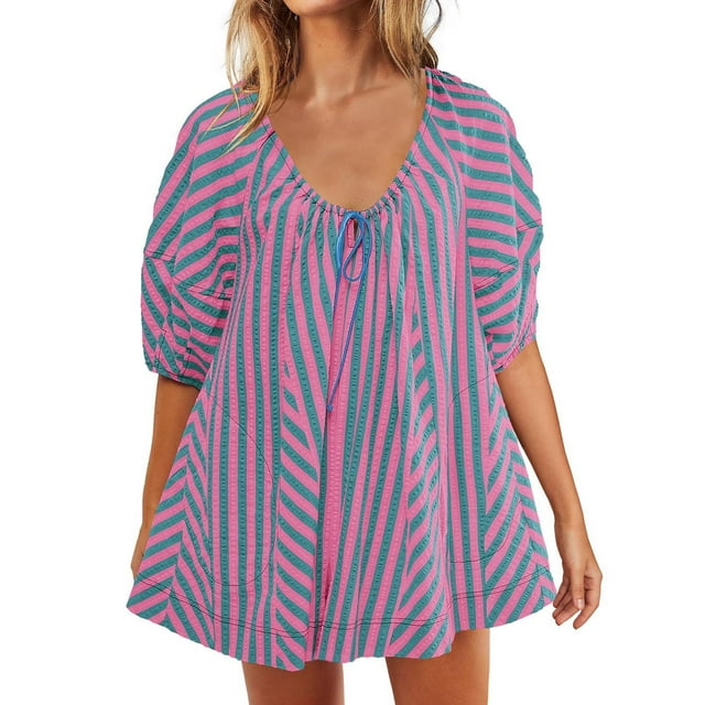 cfhntfmh Oversized Rompers for Women Fashion Striped Scoop Neck Back Keyhole Short Jumpsuit Flowy Half Sleeve Summer Outfits