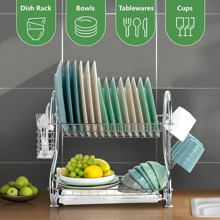 Oture Dish Drying Rack,2 Tier Dish Racks with Tray, Cup Utensil