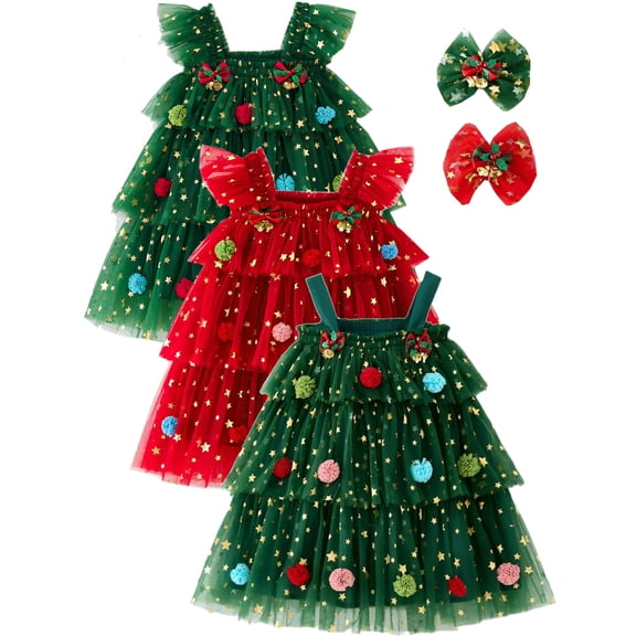 ATAIKU Toddler Girls Christmas Tree Dress Kids Girls Xmas Glitter Star Pompom Embroidery Tulle Tiered Holiday Dresses with Headband
