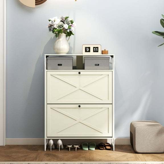 Manxile Shoe Cabinet with 2 Flip Drawers Entryway Wooden Sturdy Shoes Rack with Open Storage Shelf, Mid Century White
