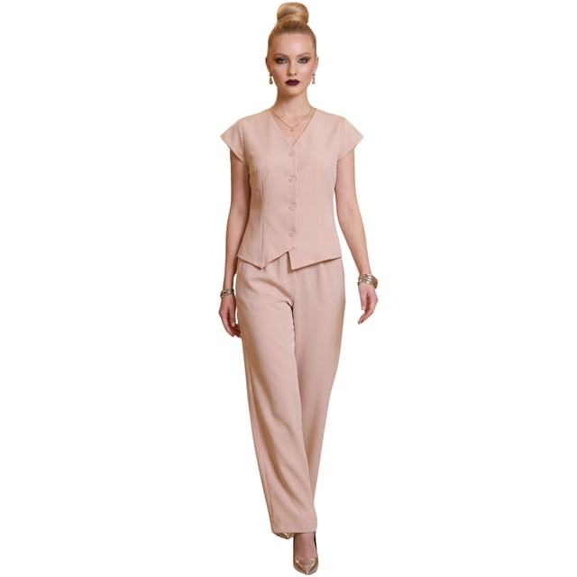 Conjunto 2 Piezas Elegante, Chaleco con Botones y Pantalón de Pierna Amplia, Look Sofisticado para Mujer