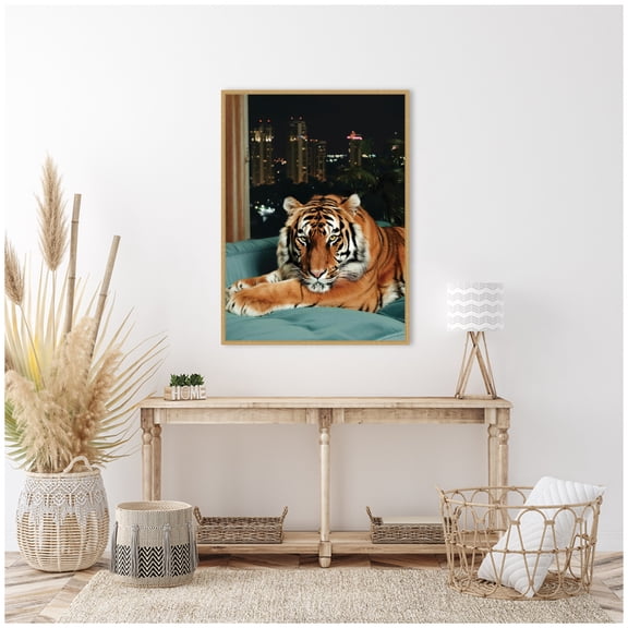 Kate and Laurel Tiger in the City at Night 1 Framed Canvas Wall Art by Michael Schauer 28 x 38 Sylvie Bright Gold, Industrial Urban, Animals, Cityscapes Art for Wall Decor, Living Room, Bedroom