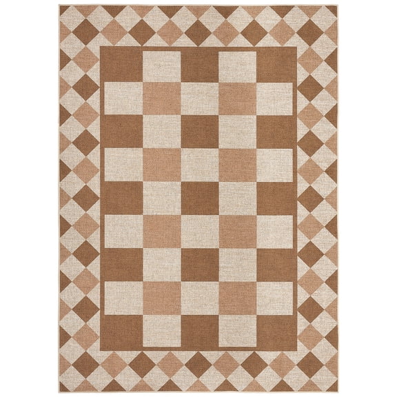 Large Rug for Bedroom 8x10 Non-Slip Indoor Outdoor Easy Jute Rug, Stain-Resistant Checkered Accent Carpet, Washable Geometric Floor Cover for Backyard, Living Room, Brown