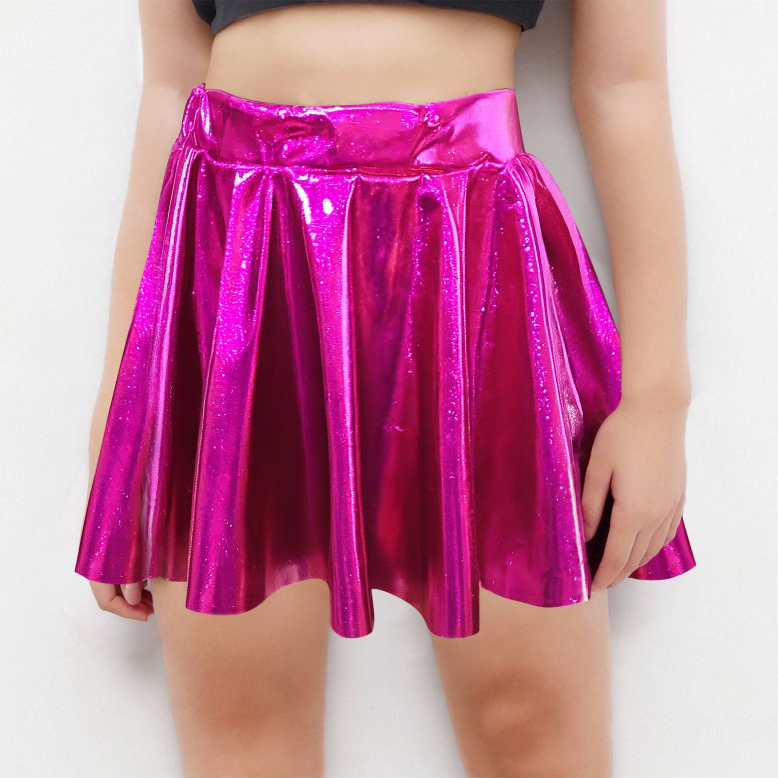 Girls Metallic Skater Skirt Sparkly Shiny Flared Pleated A-Line