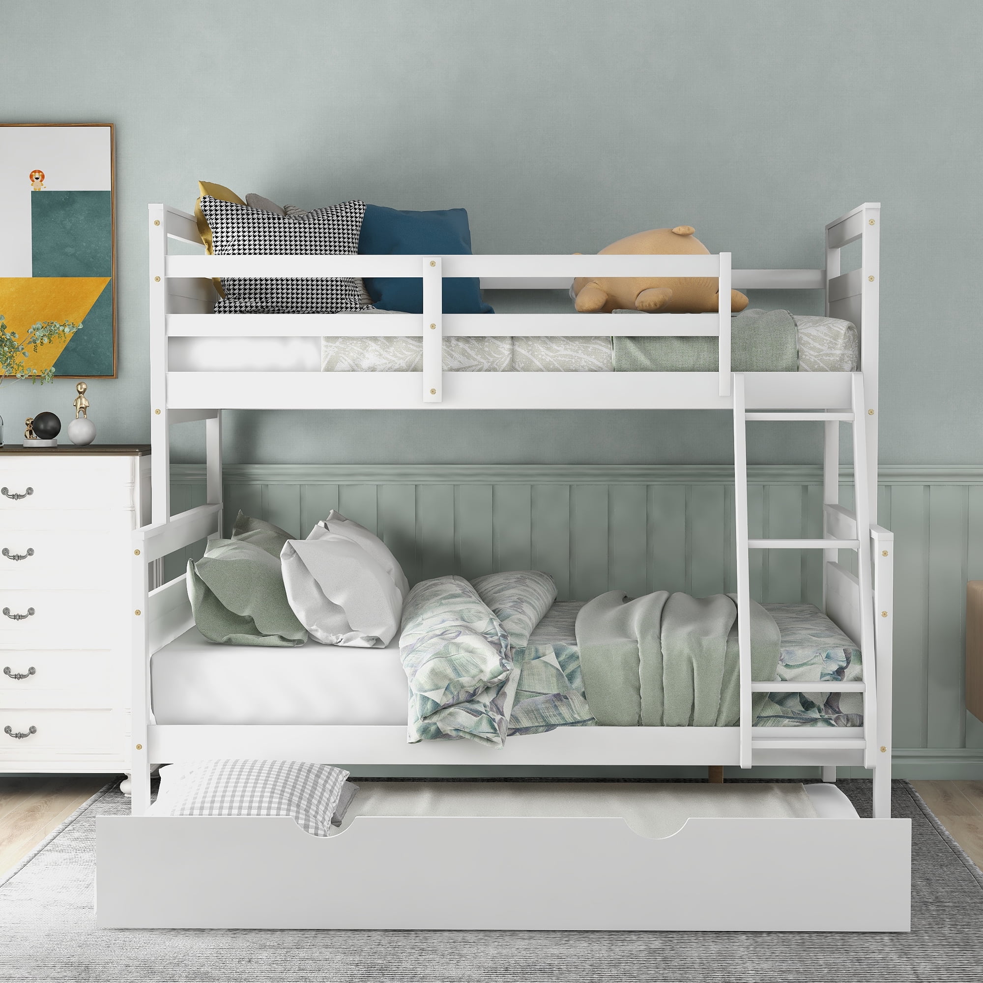 Euroco Wood Twin over Full Bunk Bed with Trundle for Kids Teens & Adults for Bedrooms, White