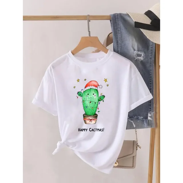 Camiseta estampada de manga corta para mujer, ropa de Navidad, moda de Año Nuevo, camiseta estampada