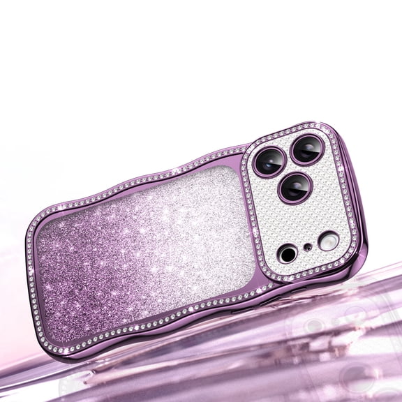 For iPhone 17 Phone Case,Cute Electroplated Wavy Frame,Bling Diamond Bumper,Gradient Glitter Back Design,Anti-Scratch Shockproof Anti-fall Drop Protection,Durable Phone Case,Purple