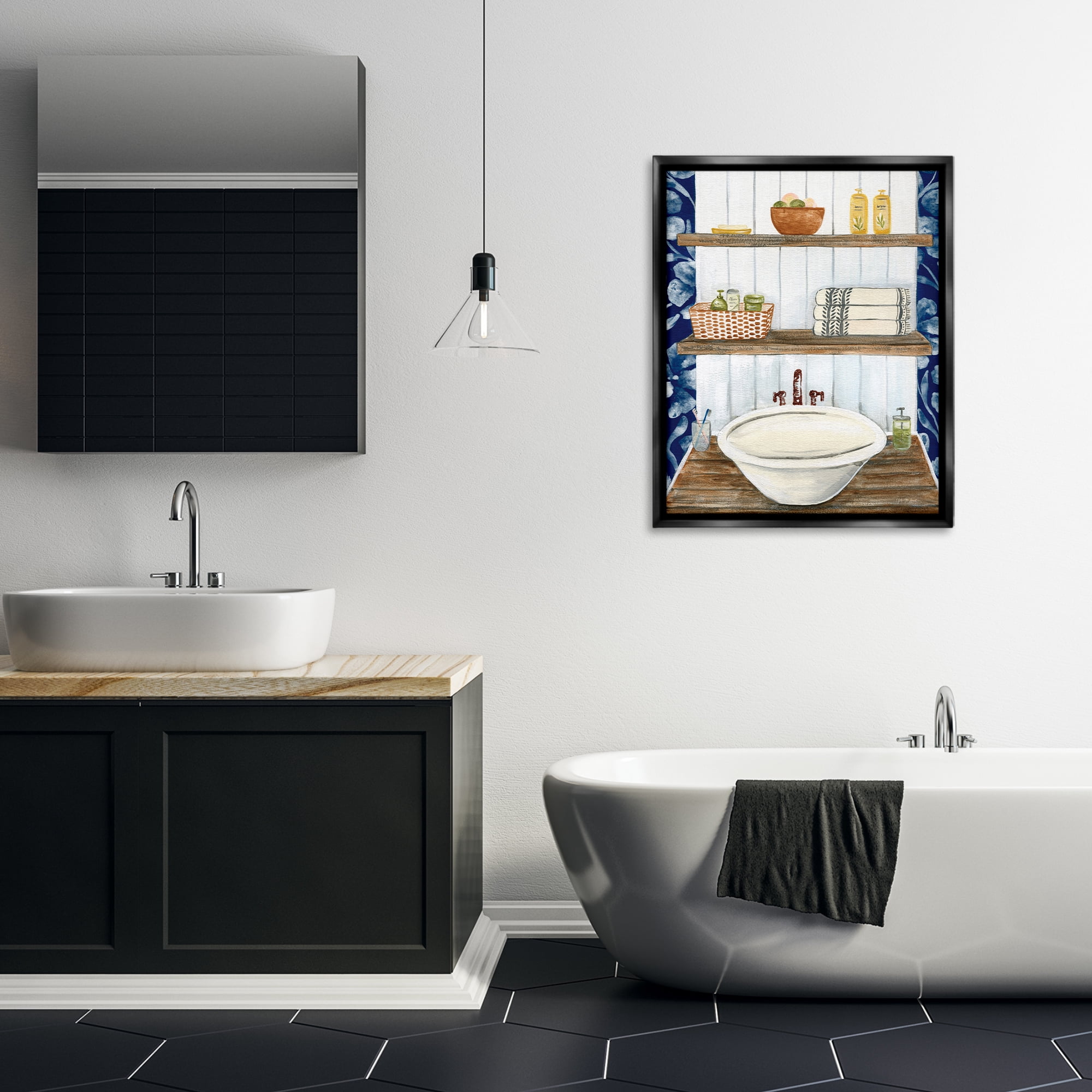 Stupell Industries Bold Blue Bathroom Typography Painting Black Floater Framed Canvas Art Print Wall Art, 25 x 31