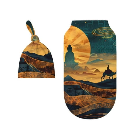 

Wukai Sunset Desert Journey Newborn Swaddle Set 100% Cotton Matching Headband and Beanie Set