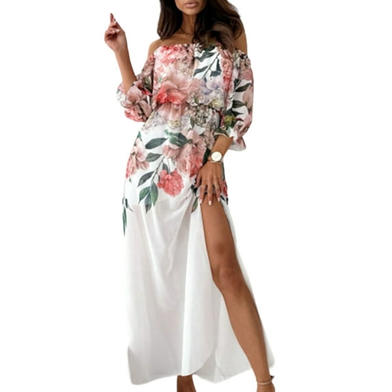 Gvmfive Women Boho Floral Off The Shoulder Maxi Dress Casual Loose Beach Dress