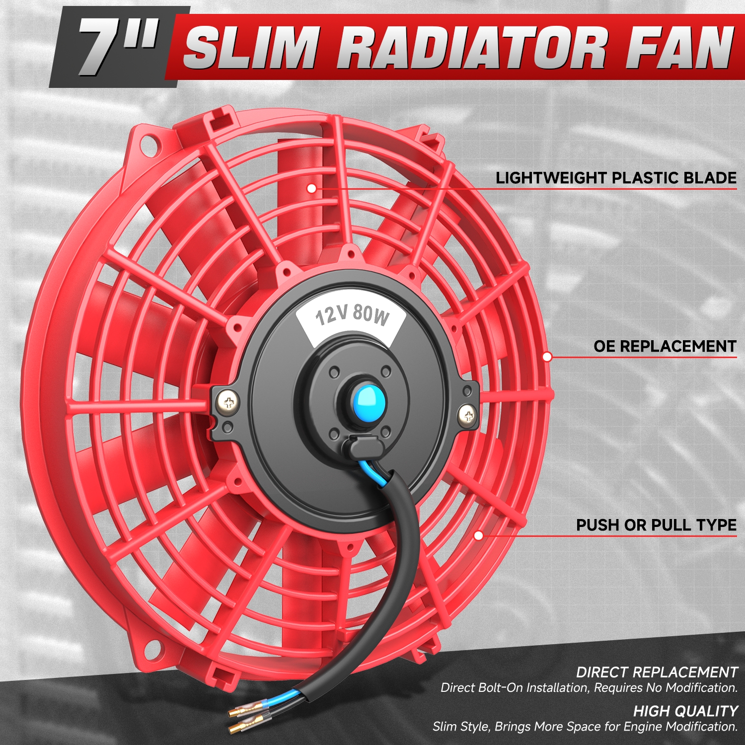 DNA Motoring 7" 12v Volt Electric Slim Push Pull Engine Cooling Radiator Fan w/ Mounting Kit Red