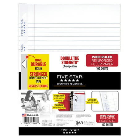 Five Star Reinforced Filler Paper, Wide Ruled, 100 Sheets/Pack