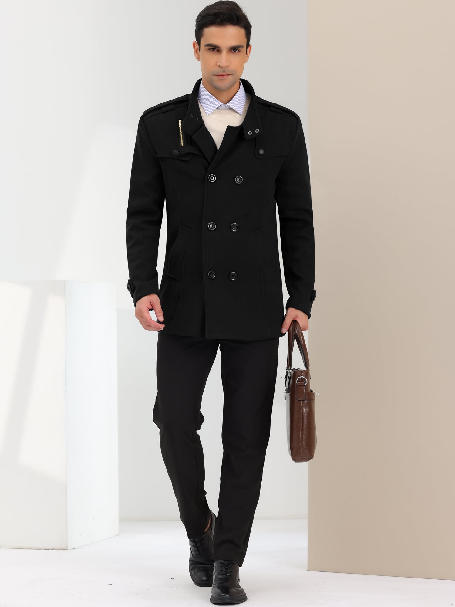 DARING DIVA Men's Winter Coat Stand Collar Double Breasted Pea Coats XL Black