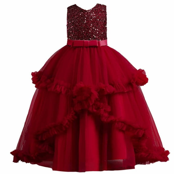 Pejock 4-12 Years Kids Pageant Flower Girl Dress Little Girls Party Wedding Formal Dresses Baby Girls Middle-aged Sleeveless Mesh Sequins Dress Gauze Dress Princess Dress