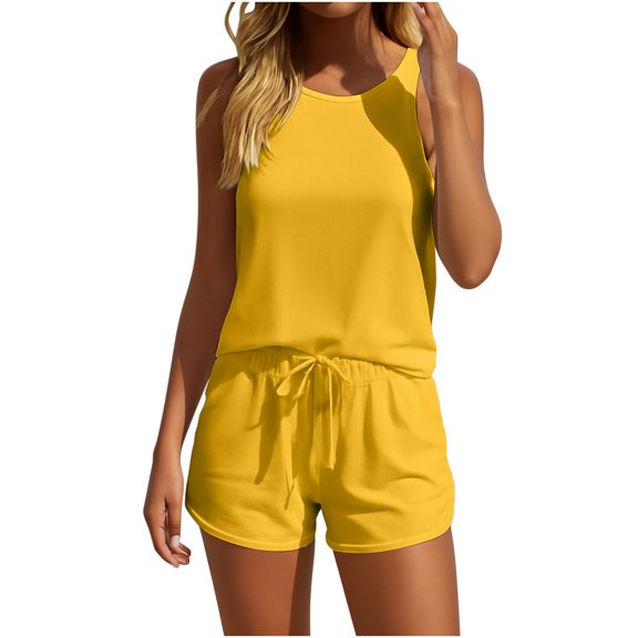 Wlynlyn 2 Piece Sets for Women Casual Summer Sleeveless Round Neck Tank Tops Drawstring Shorts Solid Color Clothes