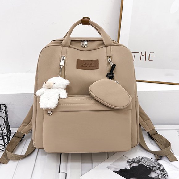 LNGOOR Cartoon Bear Decor Waterproof Functional Backpack With Coin Purse JHTPSLR Preppy Backpack With Plushies Cute Vintage Backpack For School Girls Light Academia Bookbags Preppy Aesthe