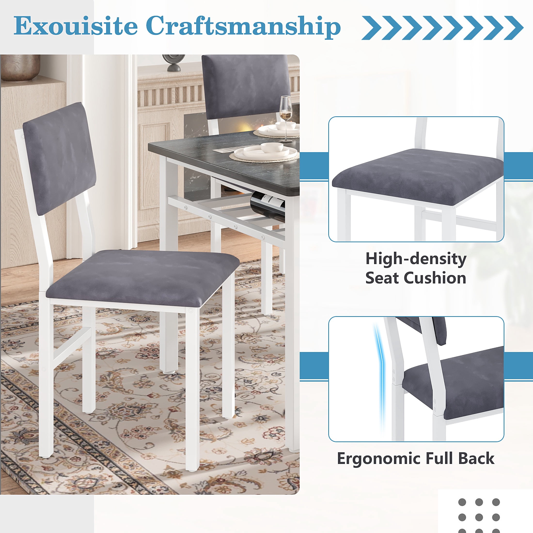 PORKISS Dining Table Set for 6, 6-Piece Dining Room Set with Wooden Table Top, Velvet Upholstery Chairs and Bench, Kitchen Table and Chairs Set with Metal Frame Storage, Dinette Sets, Gray+White