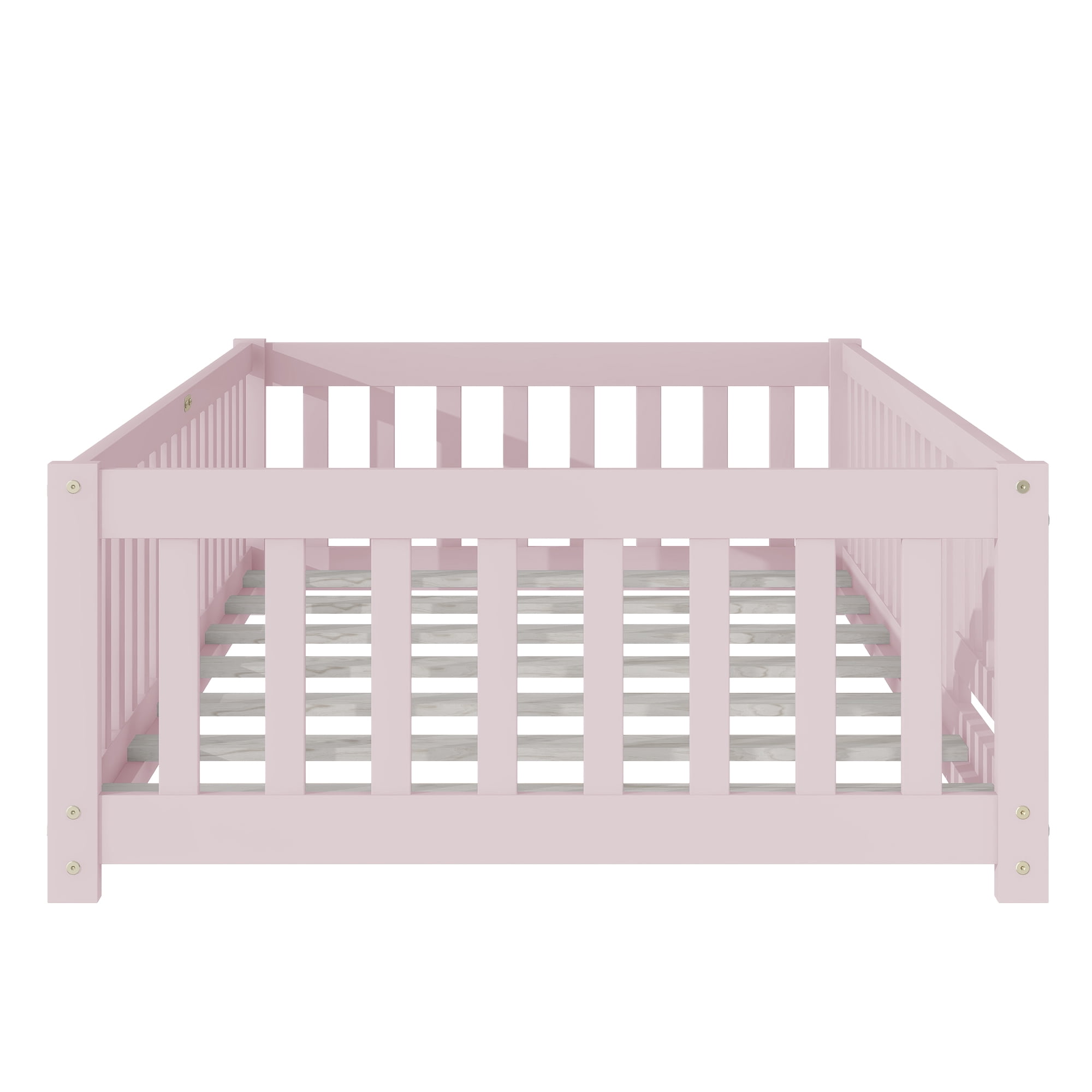 Miniyam Wood Twin Size Floor Bed Guardrails for Kids, Pink