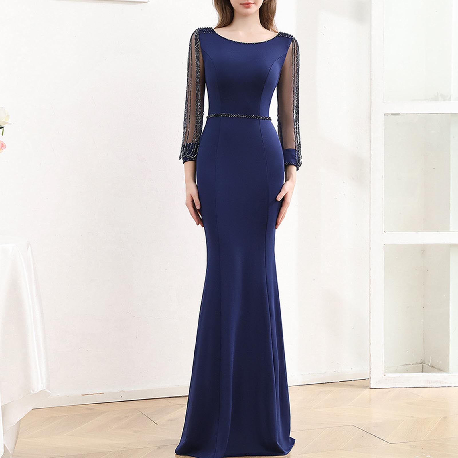 Long Sleeve Prom Dress for Women Beads Mesh Sleeve Maxi Dress