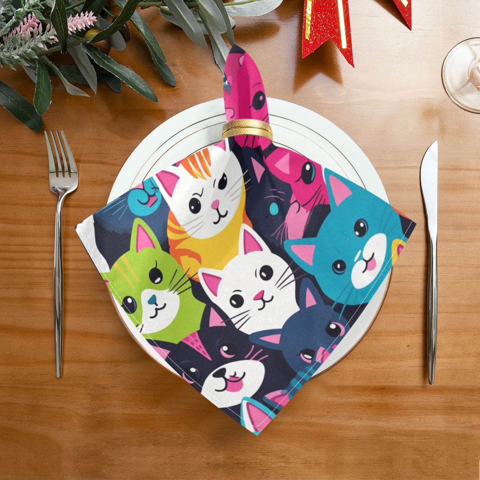 JSTEL Colorful Cat Kitten Cloth Napkins Set of 6, 20x20 Inch Washable and Reusable Napkin for Decoupage Dinner Party Everyday Use