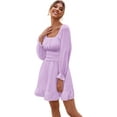 thumbnail image 3 of BORKE Women's Square Neck Tie Back Elastic Waist Long Sleeve Ruffle Hem Mini Dress, 3 of 14