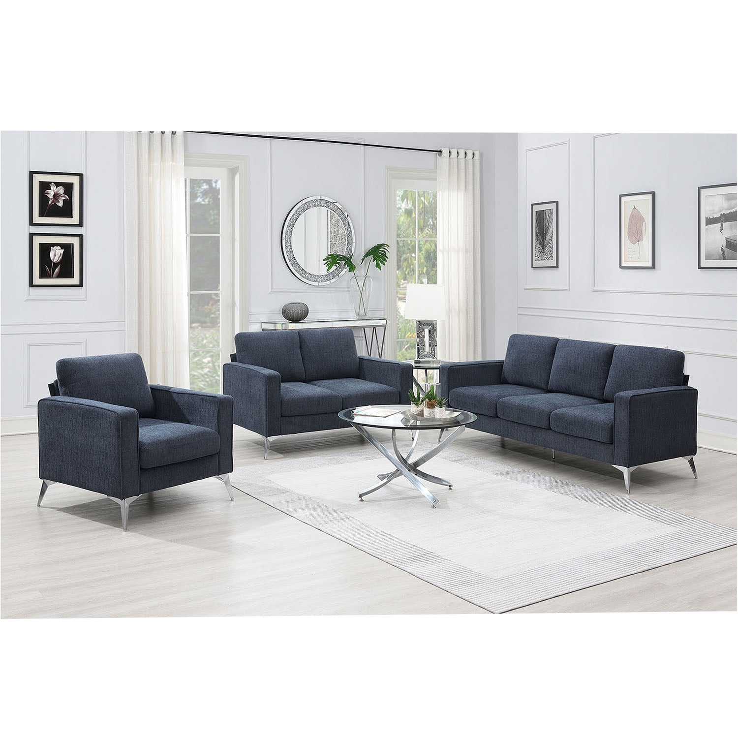 Kadyn Modern 3-Piece Sofa Sets, Upholstered 3-Seat Sofa with Sturdy Metal Legs, Loveseat and Single Chair for Living Room Furniture Set, Blue-gray