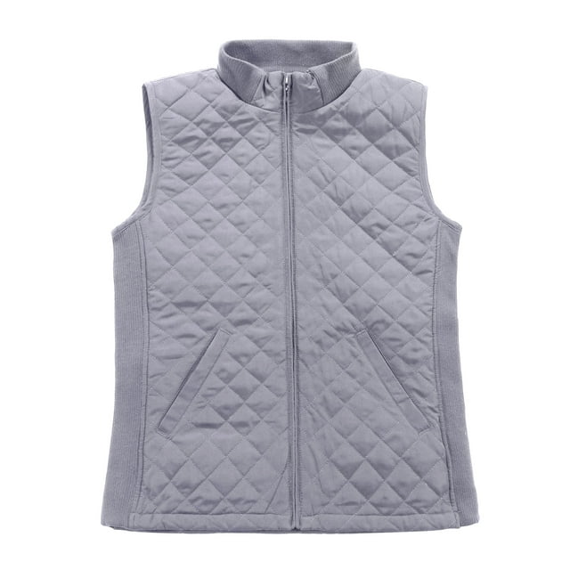 Bienzoe Women Casual Quilted Sleeveless Light Weight Vest Stretch Rib Gray S