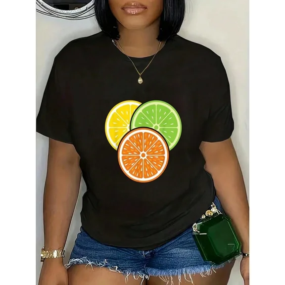 Vibrant Citrus Fruit Slice Graphic Tee for Women, Zesty Lemon Lime Orange Short Sleeve Summer Casual Top