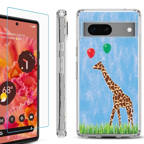 OneToughShield ® for Google Pixel 7a Shockproof Bumper Phone Case, with Tempered Glass Screen Protector - Giraffe/Balloon