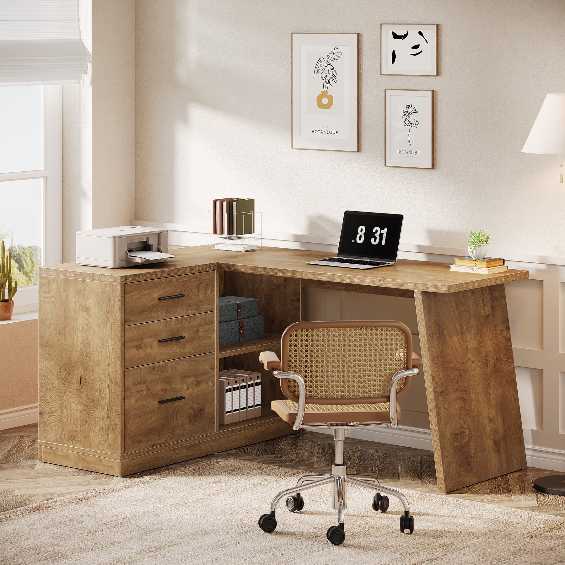Tribesigns L Shaped Computer Desk with File Cabinet, Home Office Desk with Storage Shelves and 3 Drawers, Farmhouse Executive Workstation, Brown