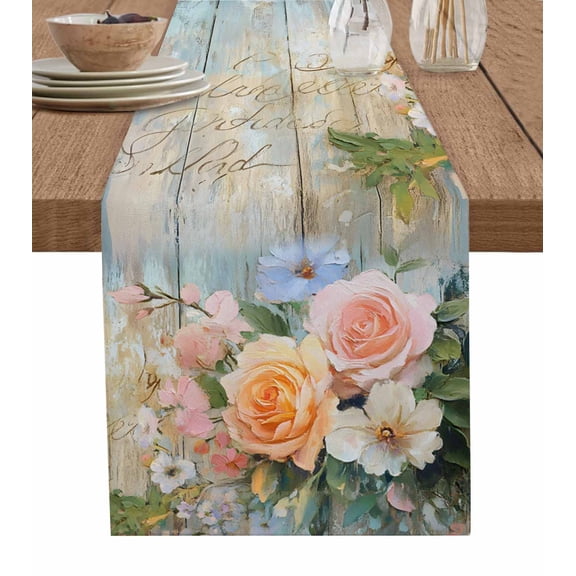Hokiten Table Runners 48 Inches Long Dress Scarves, Orange Pink Rose Farmhouse Kitchen/Dining Table Runner, Short Coffee Tablerunners, Spring Leaves Wood Retro Pastoral 13x48 Inch