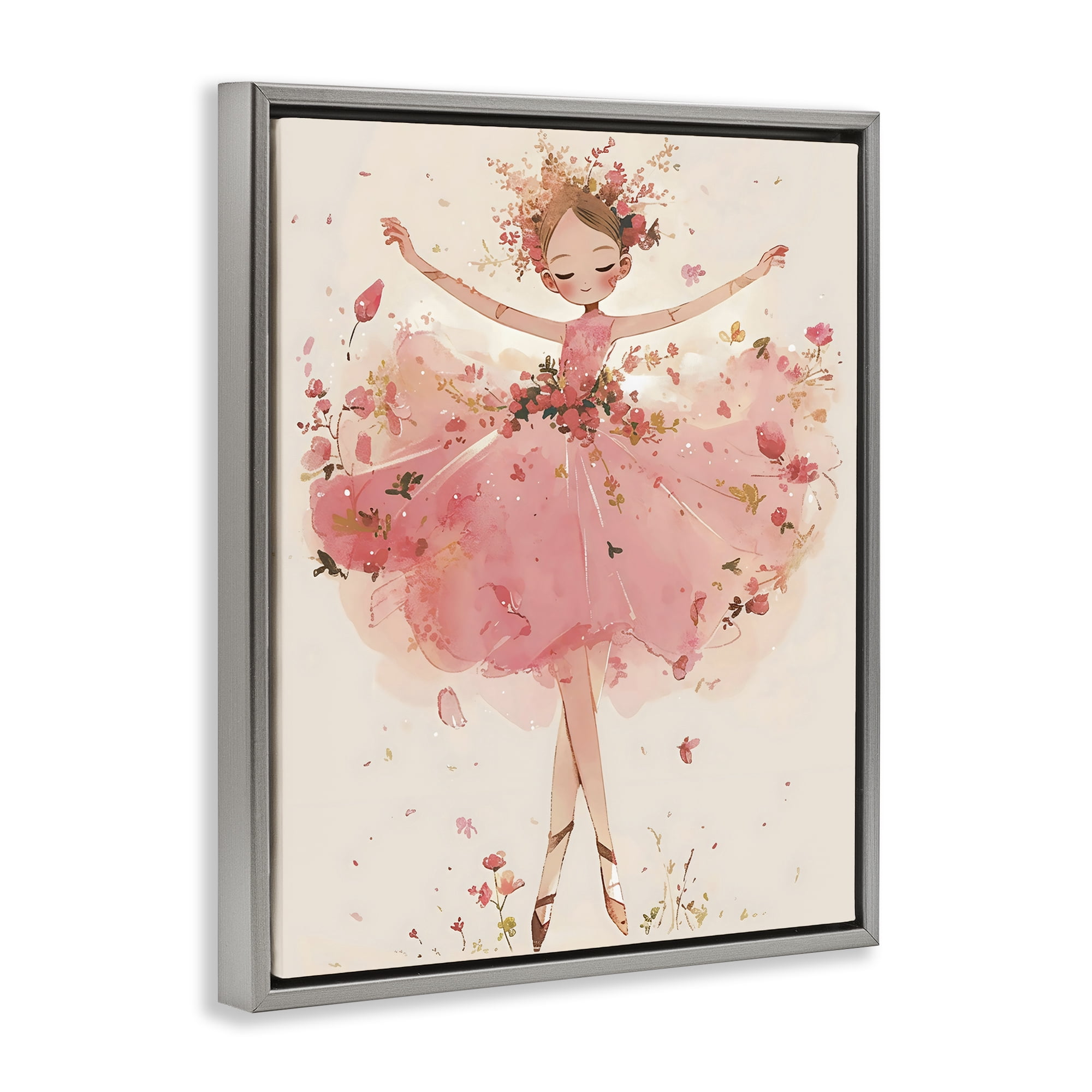 Stupell Industries Pink Floral Dress Ballerina Gray Framed Floater Canvas Wall Art, design by Creative Studio