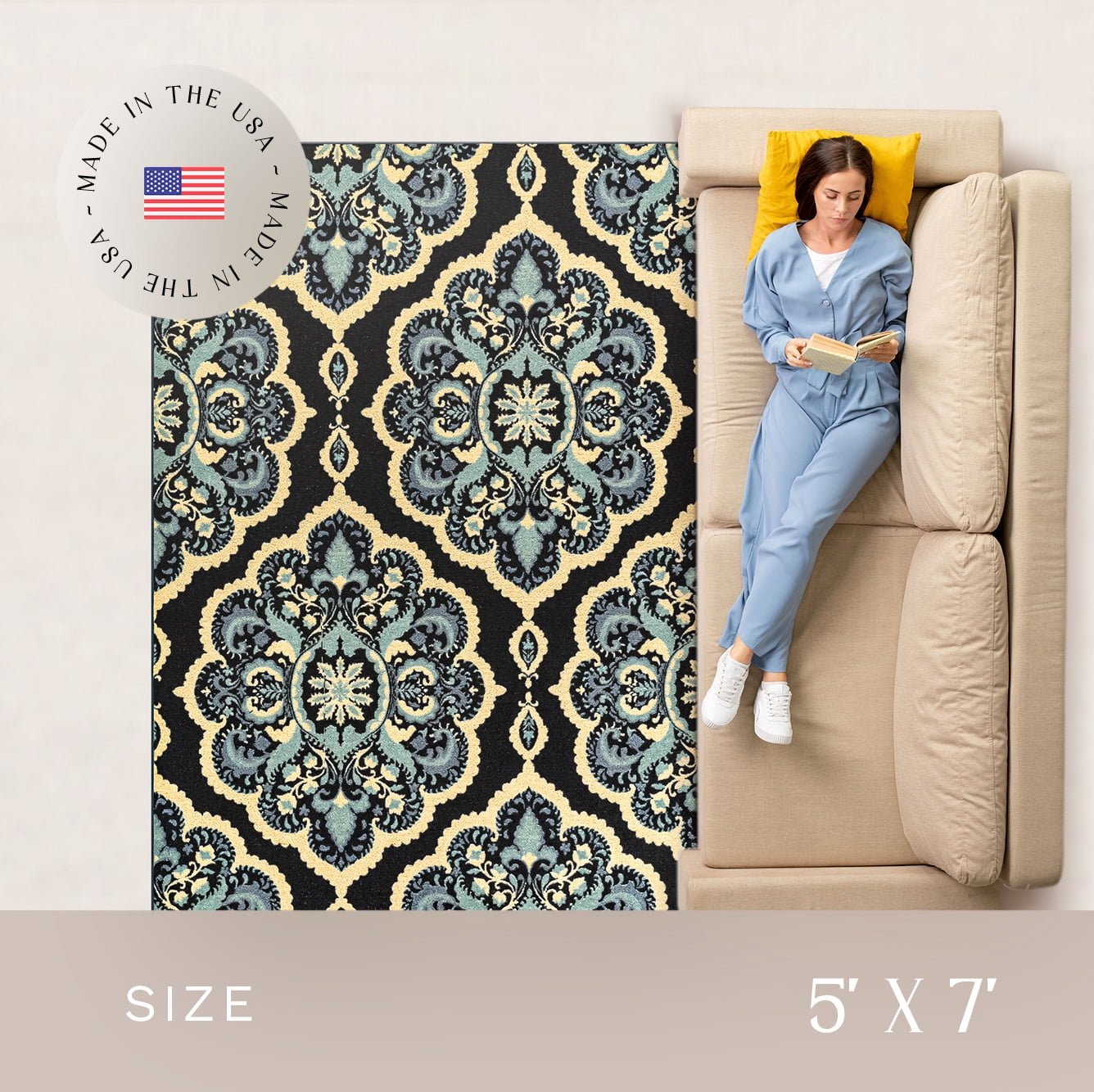 Maples Rugs Vivian Transitional Medallion Persian Blue Non Slip Indoor Area Rug, 5' x 7'