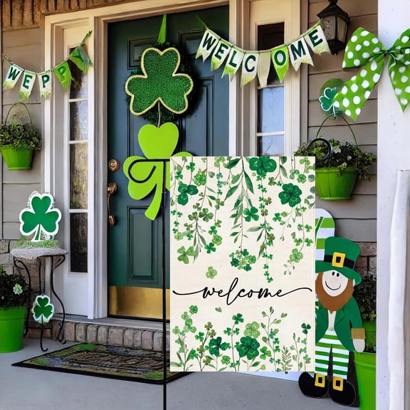St Patrick''s Day Welcome Garden Flag 12.5 x 18 Inch Vertical Double Sided Green Shamrock Clover Lucky Small Yard Burlap Spring Rustic Happy Saint Patty''s Day Irish Outdoor Decoration