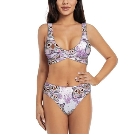 Zeuib Owl And Floral High Waisted Tummy Control Bikini Set - Knot Front Push Up Top & Cheeky Thong Bottom  Two-Piece Swimsuit for Women-X-Large