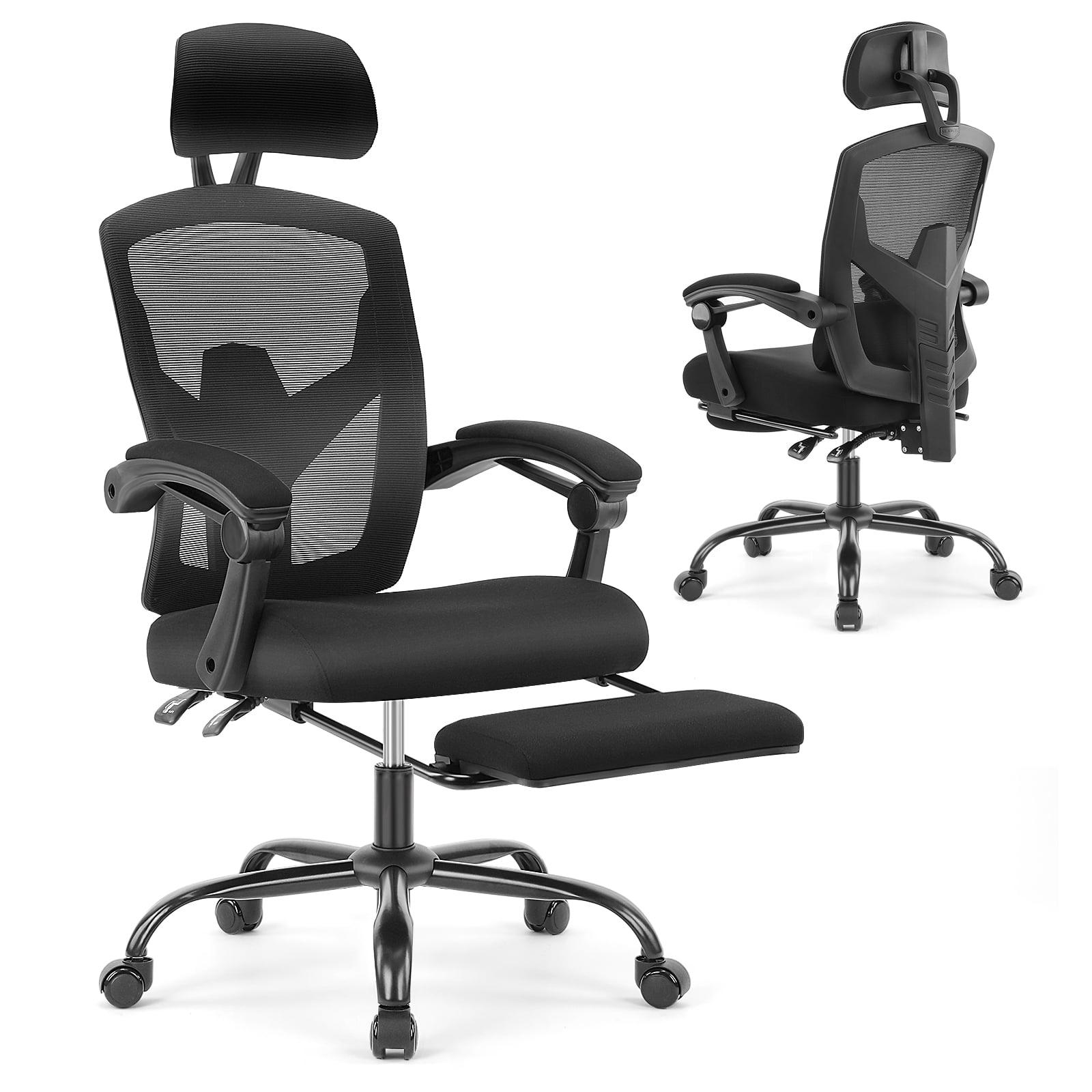 CONCETTA Ergonomic High Back Mesh Office Chair with Footrest and Armrests, Adjustable Lumbar Support, Headrest, and Reclining, Swivel Rolling Desk Chair for Home and Computer Tasks, Black