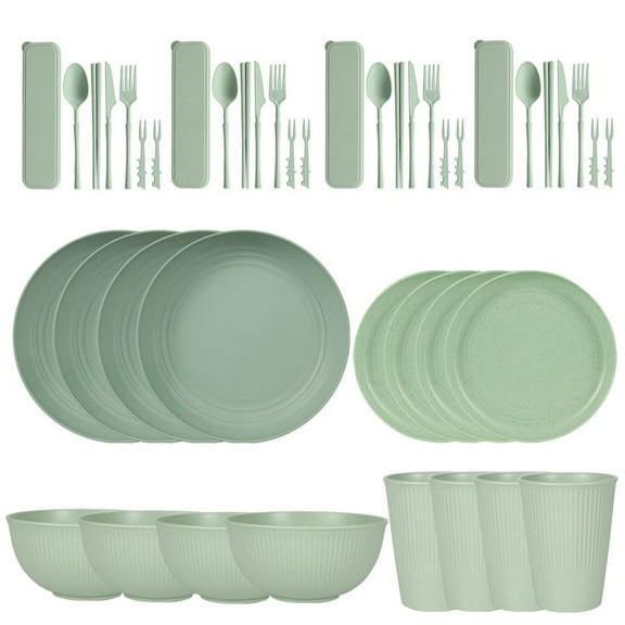 Zmleve Wheat Straw Dinnerware Set, Unbreakable Plastic Plates and Bowls Sets, Dishwasher Microwave Safe, green Service for 4