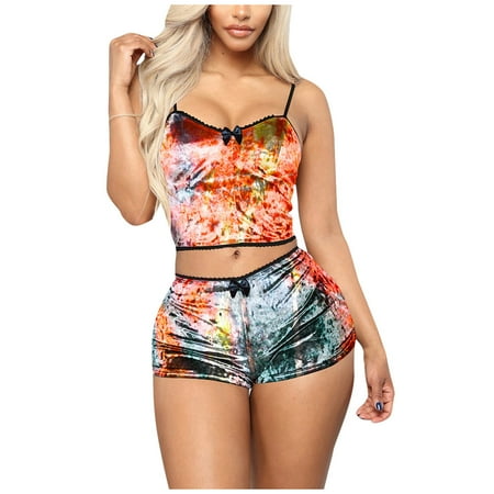 

Comfy Pajamas for Women Set New Solid Ice Silk Home Suit Flamingo Print Fashion Slim Four Piece Orange L