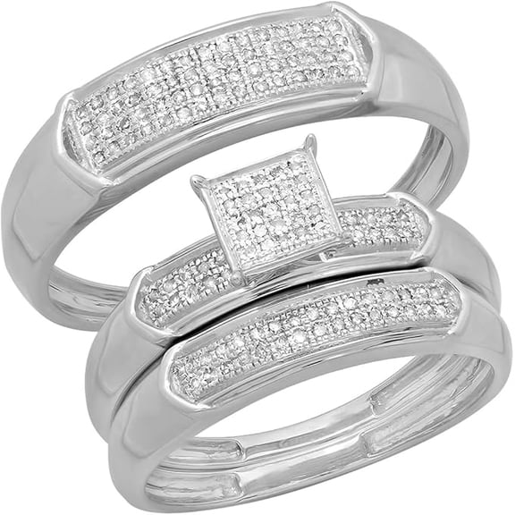 Divine Creation Unisex 14K White Gold Plated 2.30 Ct Round Cut White Diamond Wedding Engagement Trio Ring Set 925 Sterling Silver For Men's & Women's -7.5