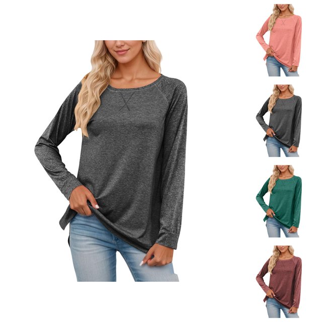 Long Sleeve Shirts for Women 2026 Spring Fashionable Crewneck Raglan Sleeve Relaxed Fit Casual Basic T Shirt
