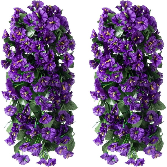 Artificial Fake Hanging Plants Flowers Vines for Outdoor, 2pcs Faux Silk Realistic Purple Morning Glory Long Stems UV Resistant for Spring Home Porch Patio Balcony Outside Party Decor