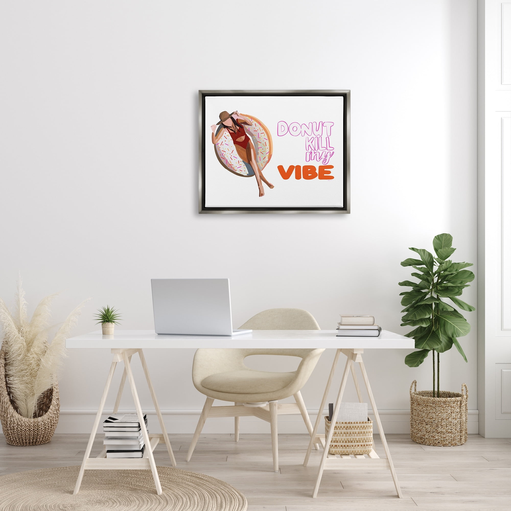 Stupell Industries Donut Kill My Vibe Relaxing Pool Float Girl Graphic Art Luster Gray Floating Framed Canvas Print Wall Art, Design by Amelia Noyes