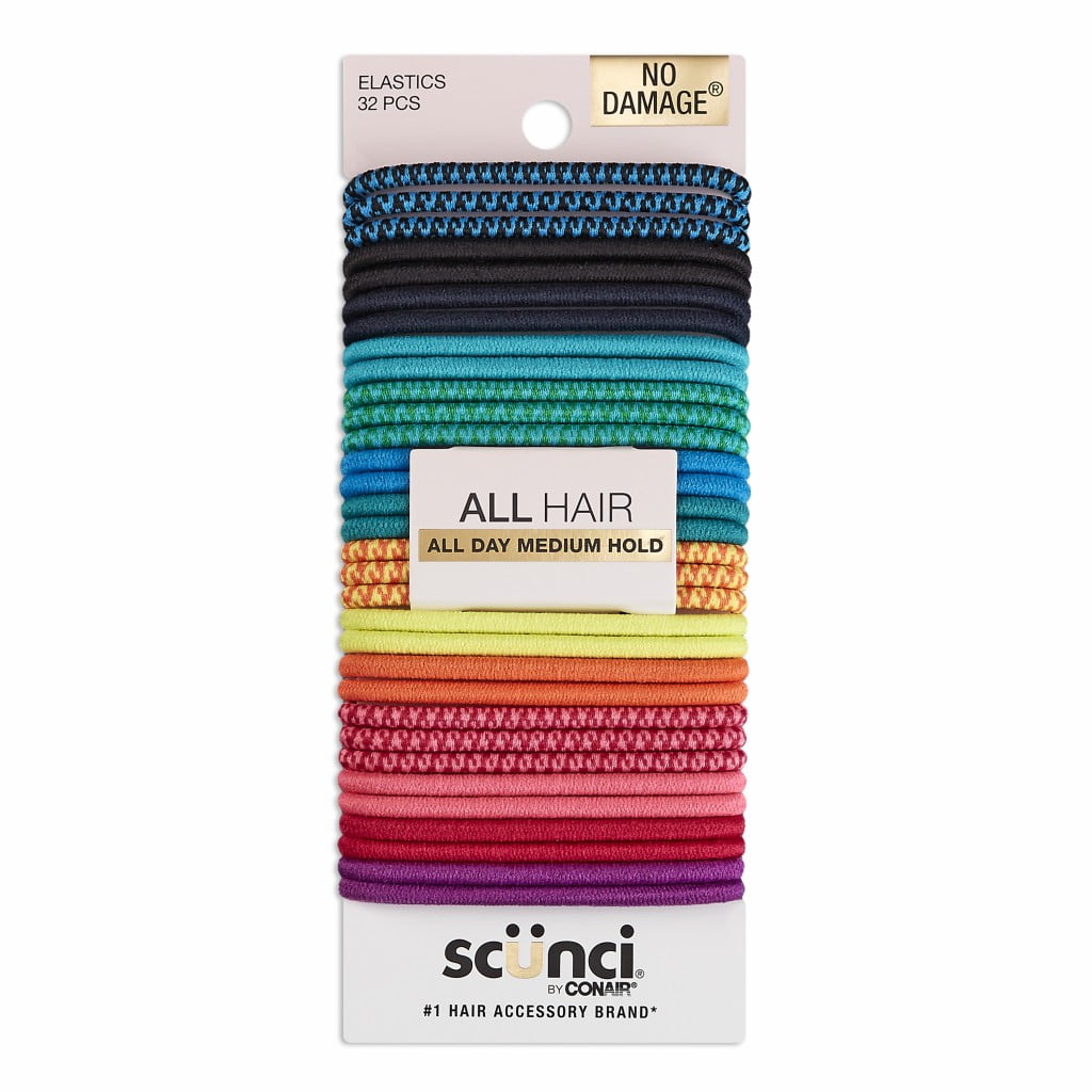 (5 pack) Scunci No Damage Elastic Nylon Ponytail Holder Hair Ties, Multi-Color Solids and Patterns, 32 Ct
