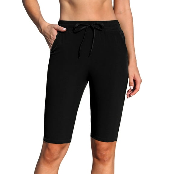 Womens Swimming Capris Built in Briefs Bathing Pants with Pockets High Waisted Drawstring Swim Bottoms