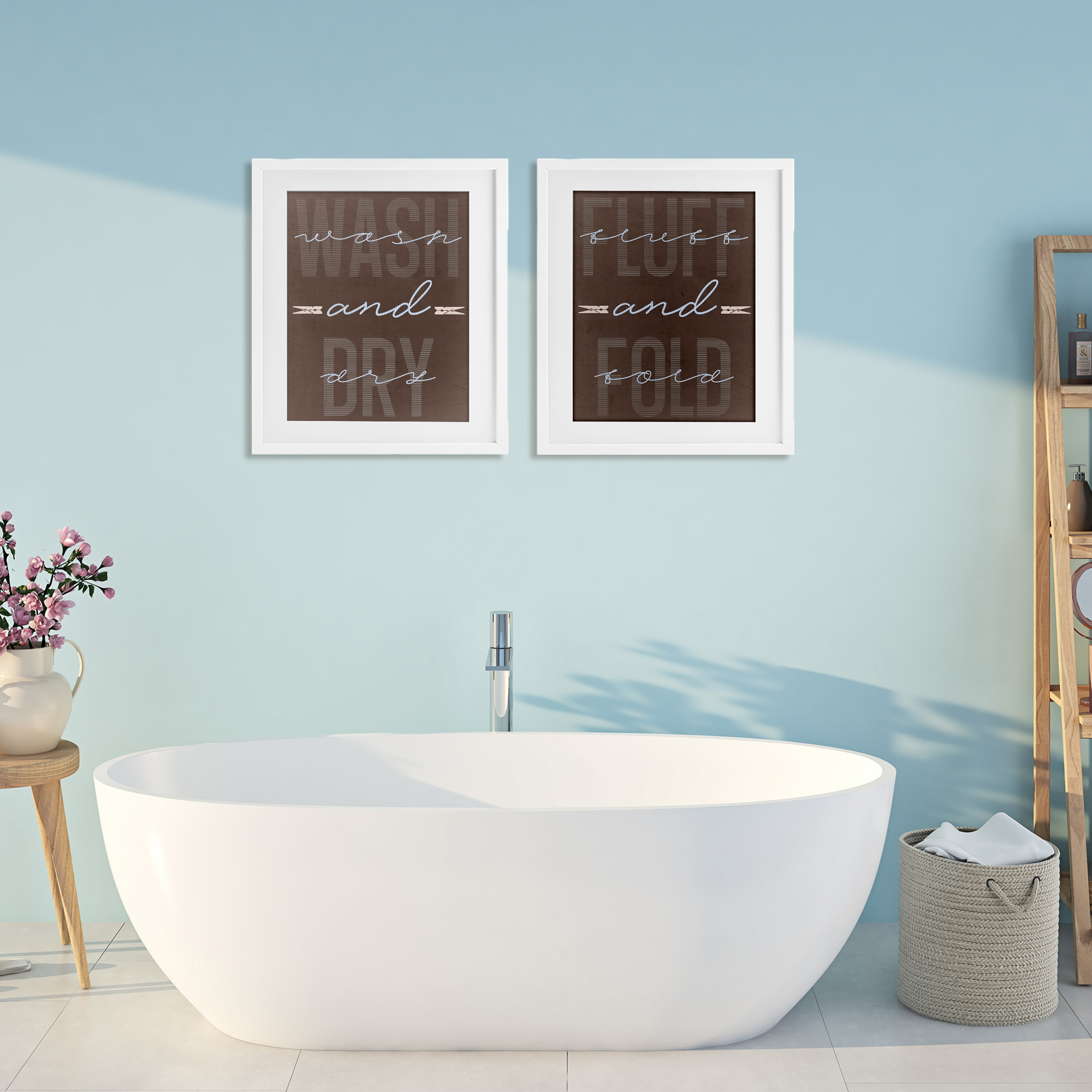 Laundry Words in Brown 2 Piece White Framed Print Under Glass Set, design by Marcus Prime